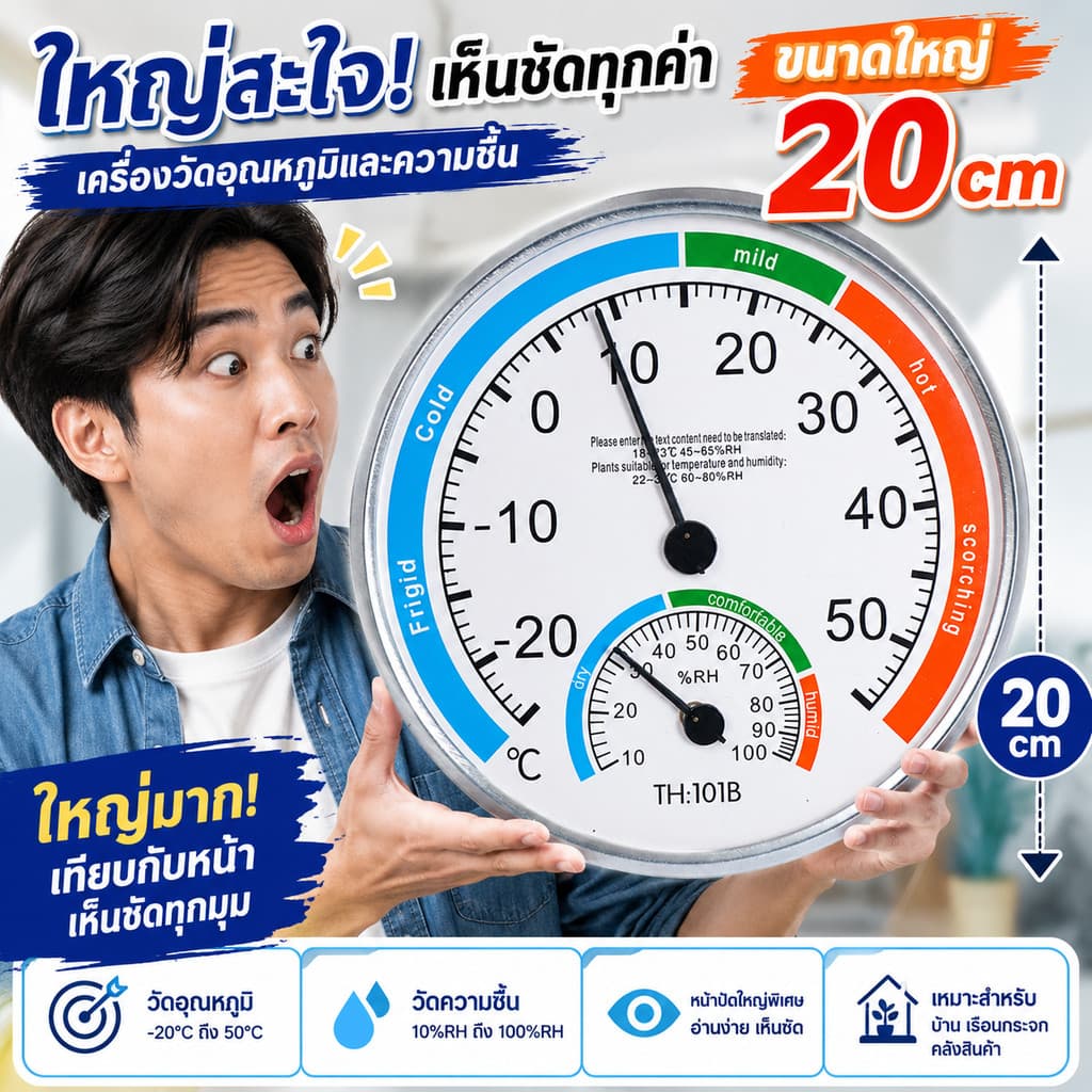 เครื่องวัดอุณหภูมิและความชื้นแบบเข็ม ขนาดใหญ่พิเศษ 20 ซม.